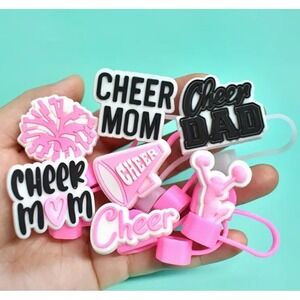 10pc Cheerleading Straw Cover Set Pink Cheer Mom Dad Silicone Toppers 10mm
